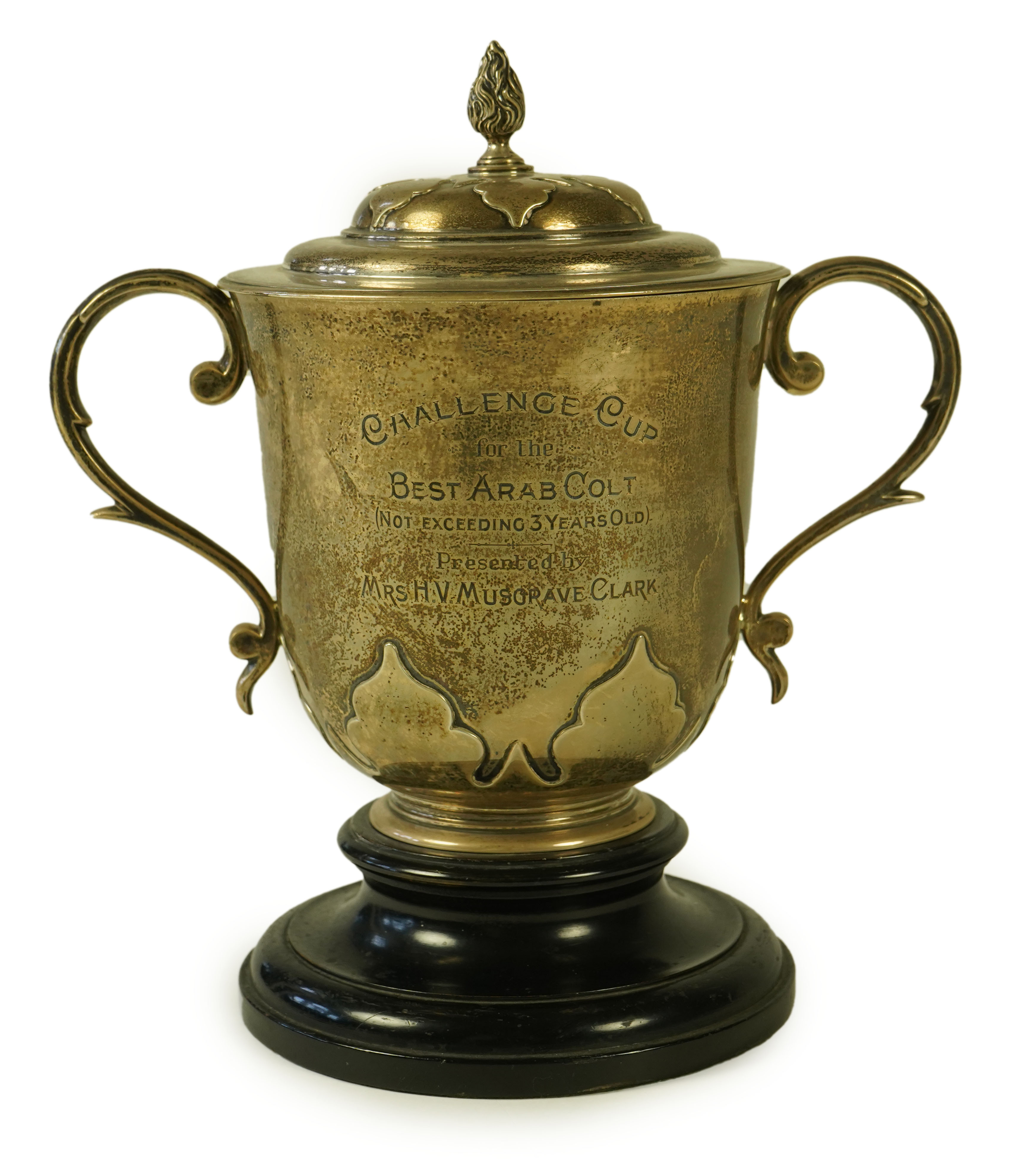 A George V silver two handled presentation cup and cover by Johnson, Walker & Tolhurst, with later engraved horse racing inscription relating to 'The Arab Horse Society Challenge Cup for the Best Arab Colt'